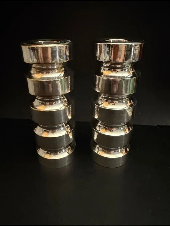 MCM Industrialist Brutalist Candlesticks Silver Plated Heavy Segmented Cylinders