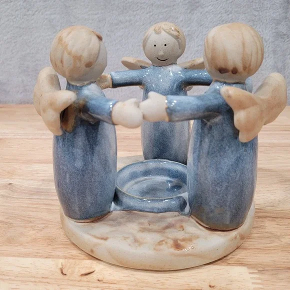 Vintage Angel Candle Holder Porcelain Figurine Blue Winged Cherub 3 Angels
