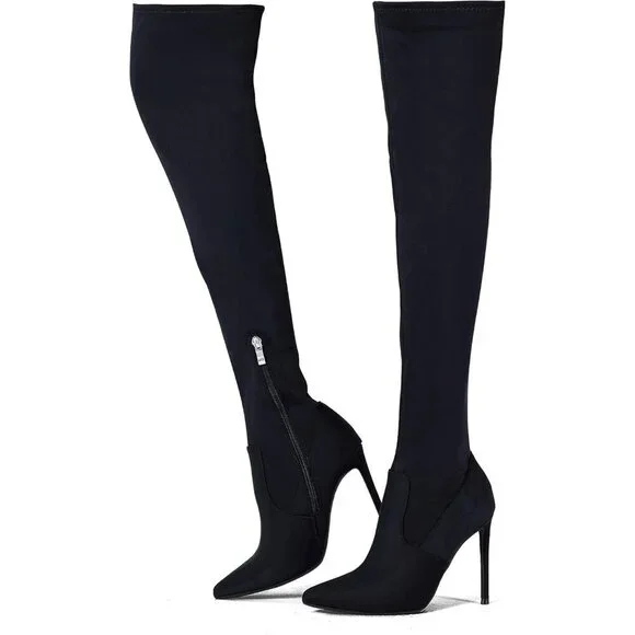 Women Black Neoprene Suede Pointed Toe 4.3 inch Stilettos Thigh High Heels Boots