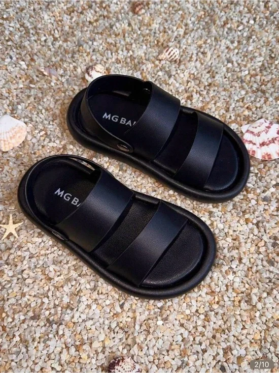 MG BAY Black Triple-Strap Slide Sandals