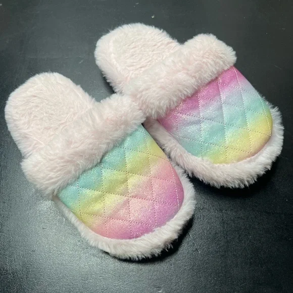Kids Rainbow Quilted Slippers with Faux Fur 13-1