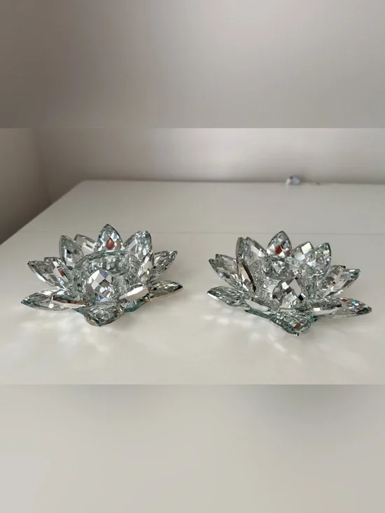 Lot of 2 Crystal Lotus Flower Tealight Candle Holder Glass Lotus Figurine Decor