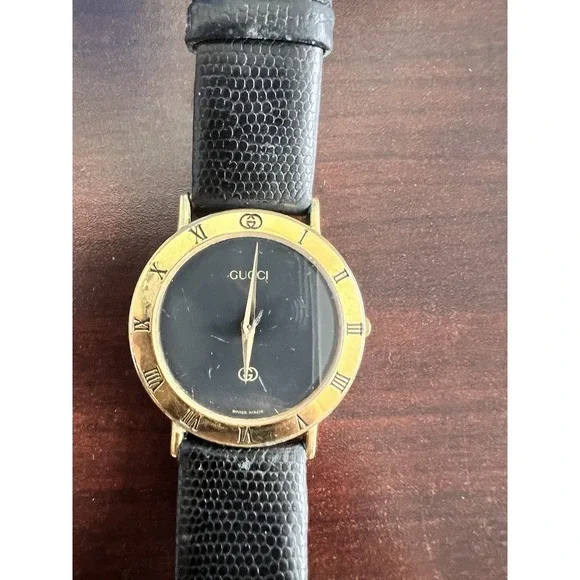 Gucci Model 3000 M Swiss Made Gold Plated Black Leather Men's Analog Dress Watch