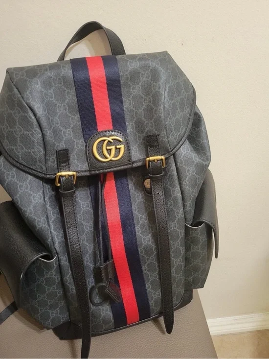 Gucci Black GG Canvas Backpack with Navy and Red Web Stripe