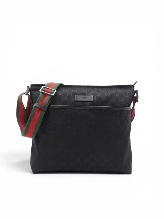 Gucci Black Canvas Messenger Bag with Green-Red Web Strap