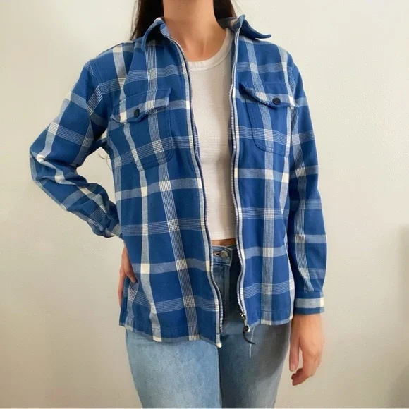 Vintage 90s Jones Sport blue plaid shacket jacket top small petite collared