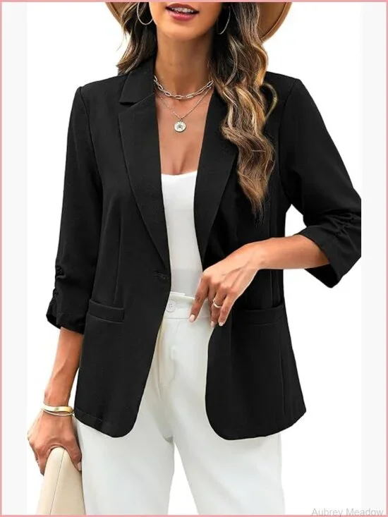 Linen Blazer 3/4 Ruched Sleeves Slim Fit Jacket with Pockets