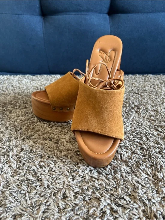 Free People Tan Suede Platform Slide Sandals
