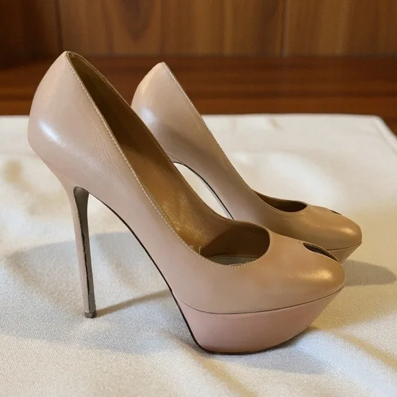 Sergio Rossi Taupe Neutral Peep Toe Platform High Heels