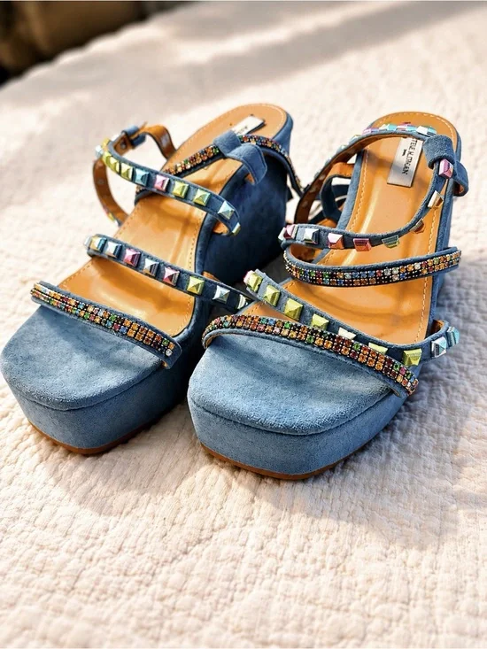 Embellished Blue Suede Platform Sandals with Beaded Straps