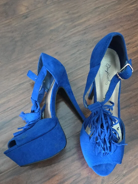 Qupid Royal Blue Suede Fringe Platform Heels