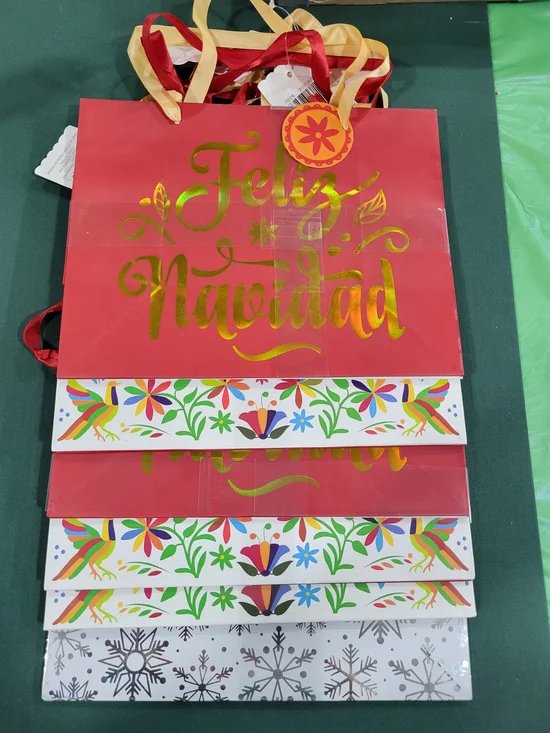 Holiday Time Feliz Navidad Red and Gold Gift Bags with Colorful Folk Art