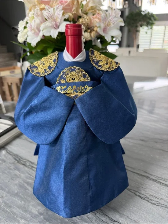 Navy Blue Wine Bottle Robe with Gold Embroidery