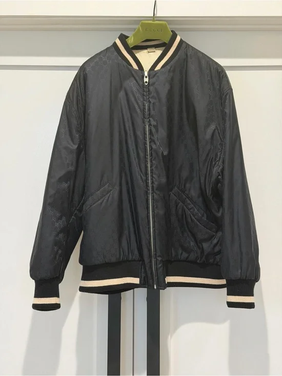 Gucci Reversible Black Bomber Jacket with Cream Stripe Trim