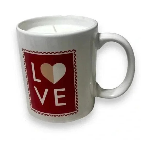 Love Stamp Coffee Mug Primrose Scented Candle Handmade 11 oz Valentine Gift