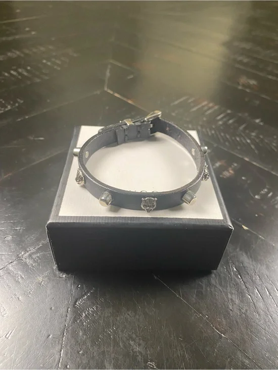 Gucci Black Leather Studded Bracelet with Silver-tone Emblems