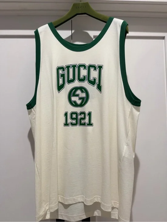 Gucci White Tank Top with Green Trim and Green Logo
