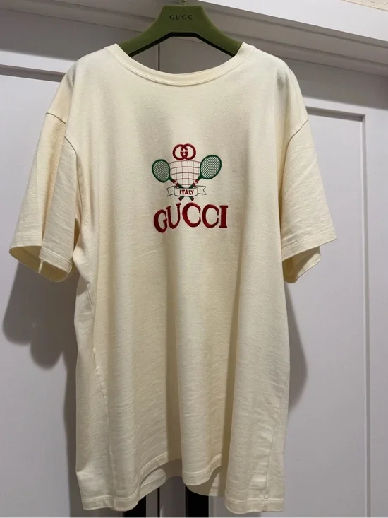 Gucci Cream Tee with Red Logo and Green Accents