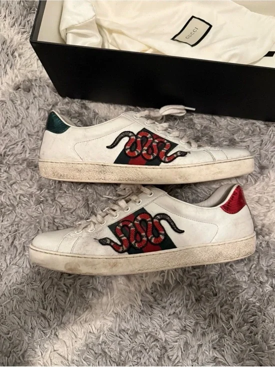Gucci White Leather Low-Top Sneakers with Red & Green Snake Embroidery