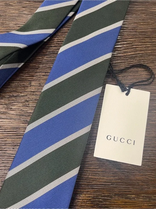 Gucci Blue, Green and White Diagonal Stripe Silk Tie