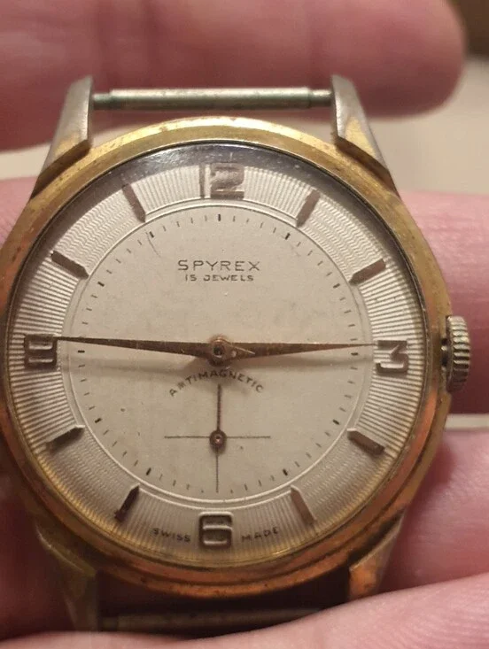 Vtg Spyrex 15 Jewels Goldtone/White Wind-Up Men's Watch Head For Repair