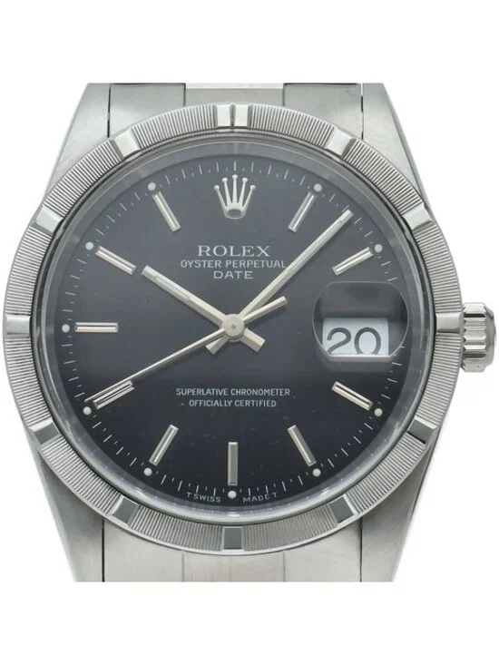 Rolex Oyster Perpetual Date Box SS Watch Black Polished