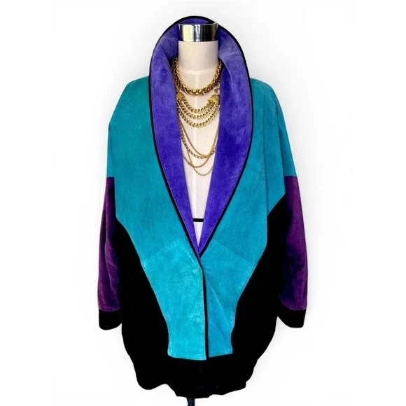 Rare Vintage Mary Hoffman Black, Teal, Purple  Suede Color Block Suede‎ Jacket M
