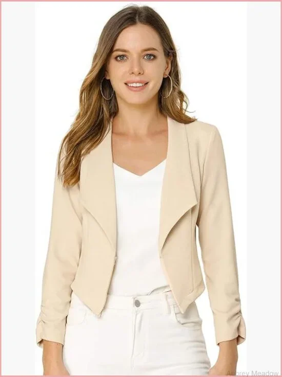 Notched Lapel Ruched Sleeve Cropped Blazer Women Business Work Jacket