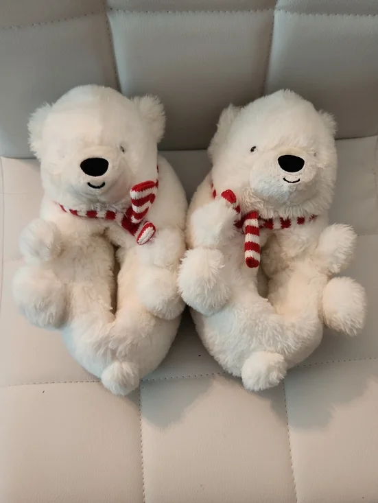 Plush White Polar Bear Slippers with Red Stripe Scarves