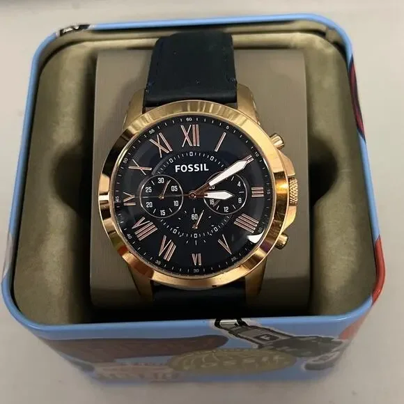 Fossil FS4835 Grant Men Rose Gold Chronograph Navy Leather Quartz Watch