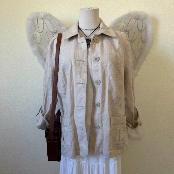 Beige‎ 100% Linen Button Up Utility Safari Jacket Neutral Earthy Shacket