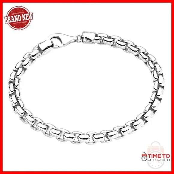 Solid 925 Sterling Silver Italian Box Chain Bracelet for Men, 7.5 Inches