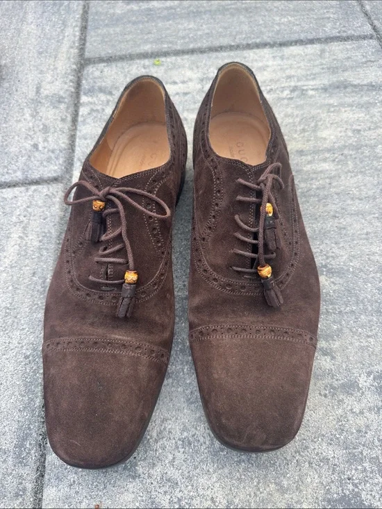 Gucci Bamboo Accent Brown Suede Brogue Oxfords. Lace up. Size 10.
