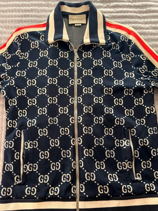 Gucci Navy and Cream GG Logo Track Jacket with Red Shoulder Stripe