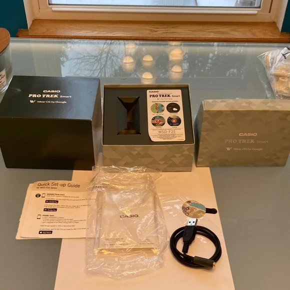 Casio Pro Trek WSD-F20 box, manuals, usb cord, protective stickers, NO WATCH