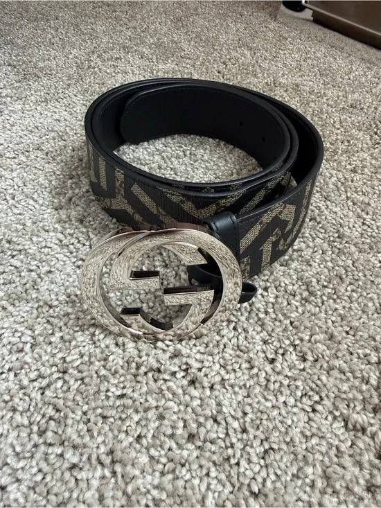 Gucci Black and Beige Monogram GG Leather Belt with Silver Interlocking Buckle