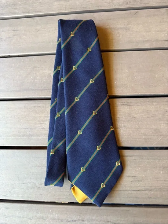 Gucci Navy Tie with Green and Gold Diagonal Stripes