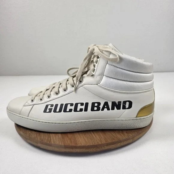 Gucci Band Shoes Mens Size 14 White Leather High Top Casual Sneakers Italy