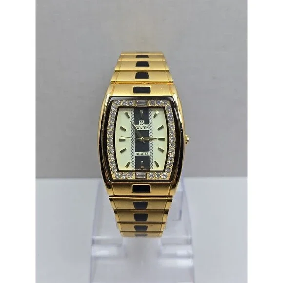 Swiston SW2001M Mens 18K Electro Plated Gold Crystal Tank Watch New Battery
