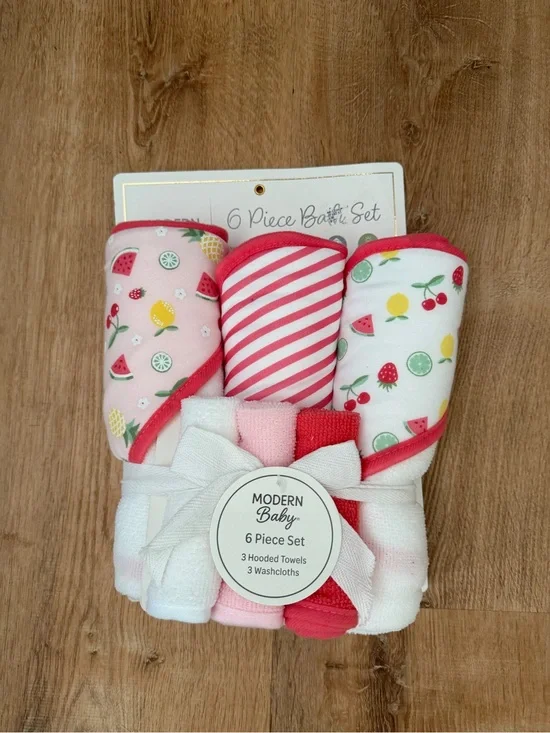 Modern Baby 6-Piece Hooded Towel & Washcloth Set - Pink Fruit Print