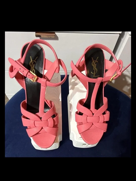 Yves Saint Laurent Tribute Pink Leather Platform Sandals