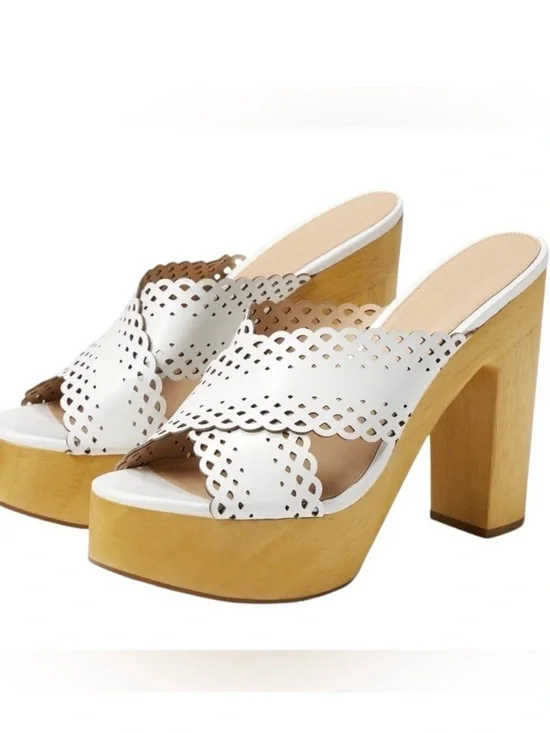 Veronica Beard Gaynor Wood White Laser-Cut Leather Platform Mules