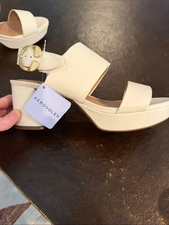 AEROSOLES Ivory Platform Sandal with Gold Buckle