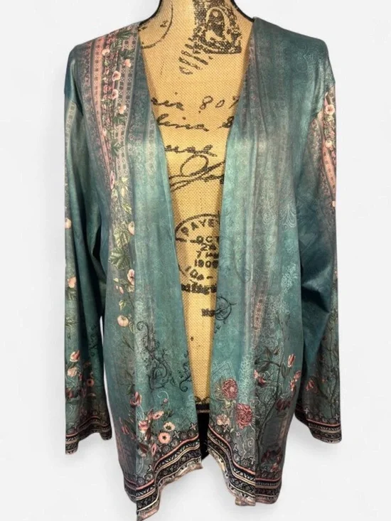 Boho Floral Open Front Kimono Cardigan XXL Teal Lightweight Duster Casual