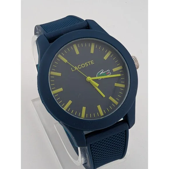 Lacoste Watch Men 43mm Case Navy Blue Textured Silicone Band- New Battery