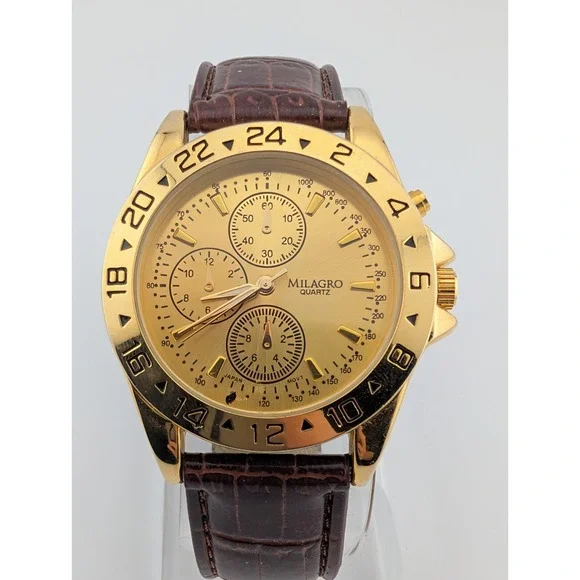 Milagro Watch Men 40mm Gold Case Brown Faux Leather Band- New Battery