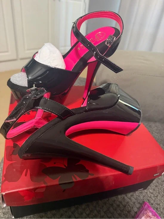 Pleaser Black Patent Platform Heels with Hot Pink Accents