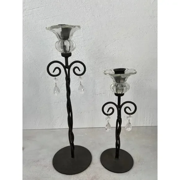 Wrought Iron Scroll‎ Candle Holders Glass Ornate Decorative Pair