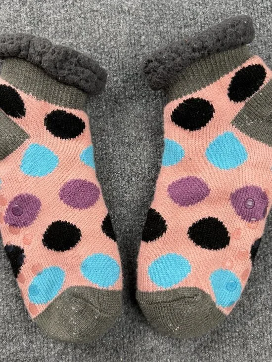 Cozy Non-Slip Slipper Socks Pink Polka Dot Gray Sherpa Cuff Size Small
