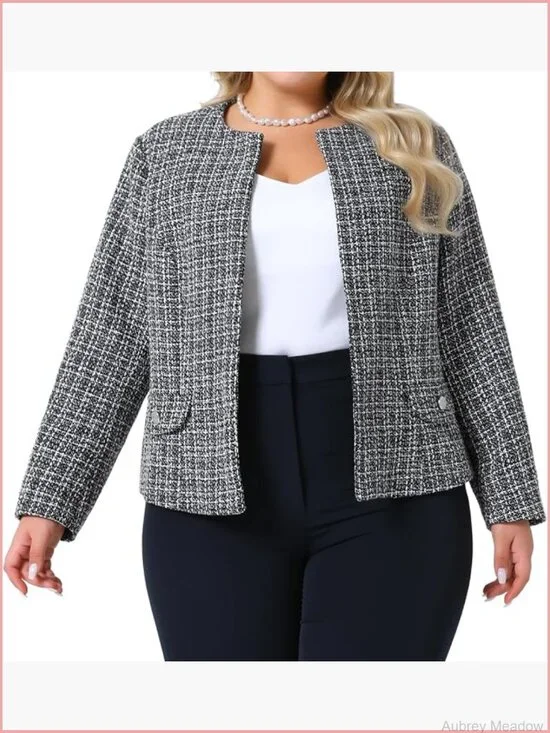 Plus Size Collarless Tweed Blazer Womens Open Front Long Sleeve Work